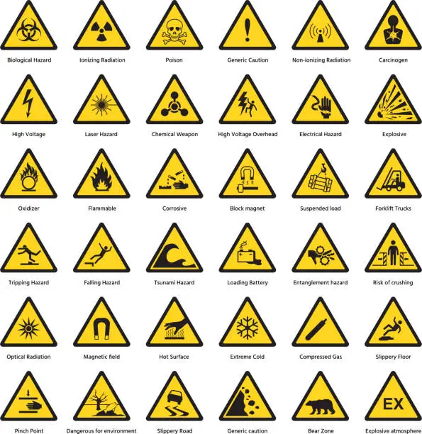 Vector illustration of Set of triangle yellow warning sign hazard dander attention symbols chemical flammable security radiation caution icon vector illustration
