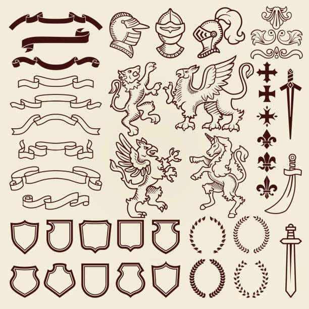 illustrazioni stock, clip art, cartoni animati e icone di tendenza di design araldico vintage retro scudo clipart elementi petto reale medievale cavaliere ornamento illustrazione vettoriale - grifone