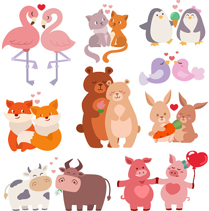 Cute Animals Couples In Love Collection Happy Valentines Day Loving Cartoon  Characters Together Nature Wildlife Vector Illustration Stock Illustration  - Download Image Now - iStock