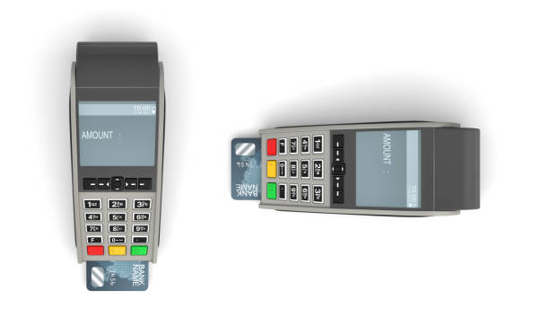 representación 3d de dos terminales pos en vista superior con tarjetas de plástico genérico insertada en fondo blanco. - cash register register wealth checkout counter fotografías e imágenes de stock