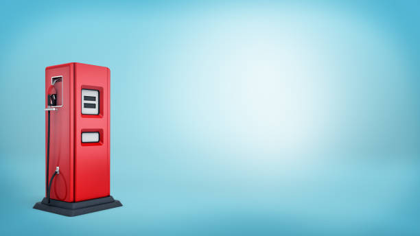 istock 3d rendering of a single red oil pump with a black base and an attached handle on blue background. 857685092
