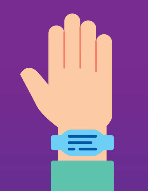 Vector illustration of a hand wearing a hospital wristband against a purple background in flat style.