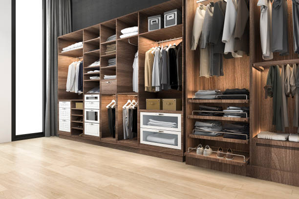 istock 3d rendering minimal scandinavian walk in closet with wood wardrobe 857689312