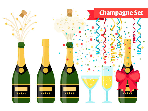 Champagnes party elements. Champagne bottle and glasses with sparkling wine Champagnes party elements. Champagne bottle explosion, serpentine ribbons, confetti and glasses with sparkling wine isolated on white background champagne illustrations stock illustrations