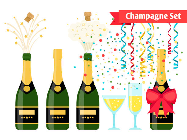 Champagnes party elements. Champagne bottle and glasses with sparkling wine Champagnes party elements. Champagne bottle explosion, serpentine ribbons, confetti and glasses with sparkling wine isolated on white background Champagne stock illustrations