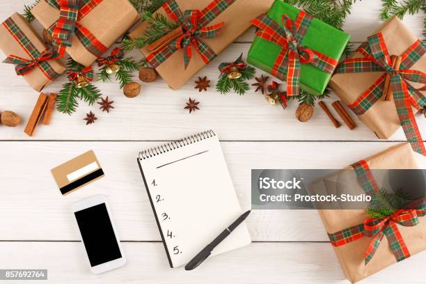 Christmas Wish List On White Wood Table Background Stock Photo - Download Image Now - Adult, Art, Beauty