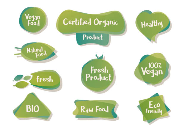 ilustrações de stock, clip art, desenhos animados e ícones de vector bio and vegetarian design shapes, icons, tags, labels. organic food element set for meal and drink,cafe, restaurants and organic products packaging - healthy eating food and drink nutrition label food