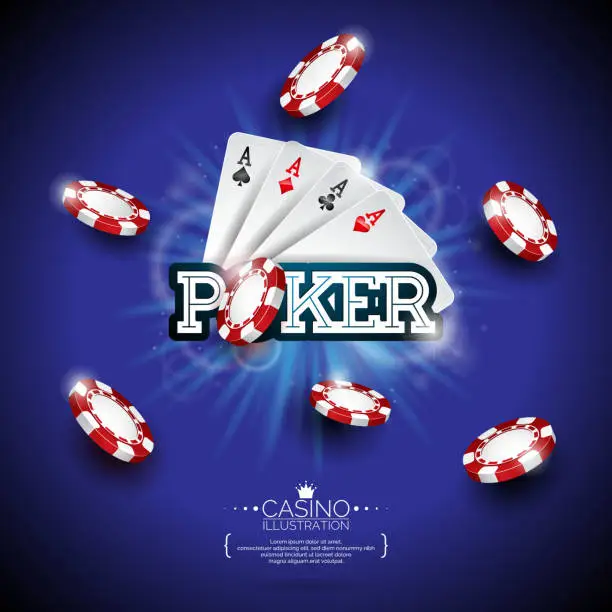 Vector illustration of Vector illustration on a casino theme with color playing chips, poker cards and shiny caption on dark blue background. Gambling design elements.