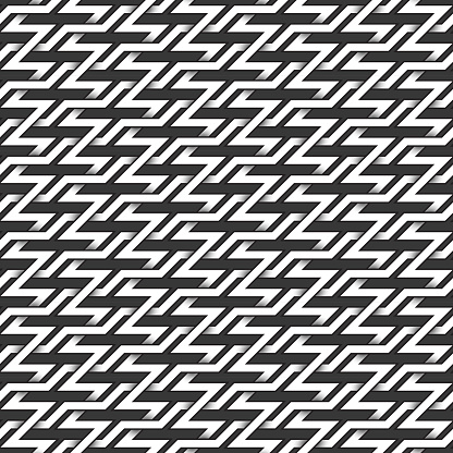 Monochrome seamless pattern of zigzag twisted bands. Abstract repeatable background.