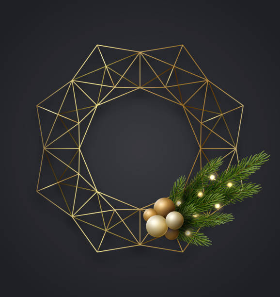 幾何学的なゴールド メタリック クリスマス リース電球、緑の松やモミの木の枝とクリスマス ボールで。ベクトル テンプレート、テキスト用のスペース - christmas gold green backgrounds点のイラスト素材／クリップアート素材／マンガ素材／アイコン素材