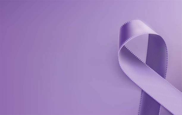 Realistic purple ribbon, epilepsy awareness symbol, isolated on violet background. Awareness purple ribbon. Realistic purple ribbon, epilepsy awareness symbol, isolated on violet background. Vector illustration alzheimer's disease stock illustrations