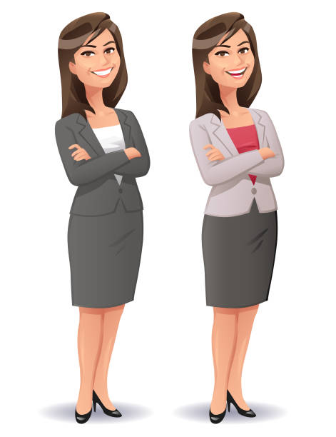 junge lächelnd geschäftsfrau - businesswoman skirt isolated standing stock-grafiken, -clipart, -cartoons und -symbole