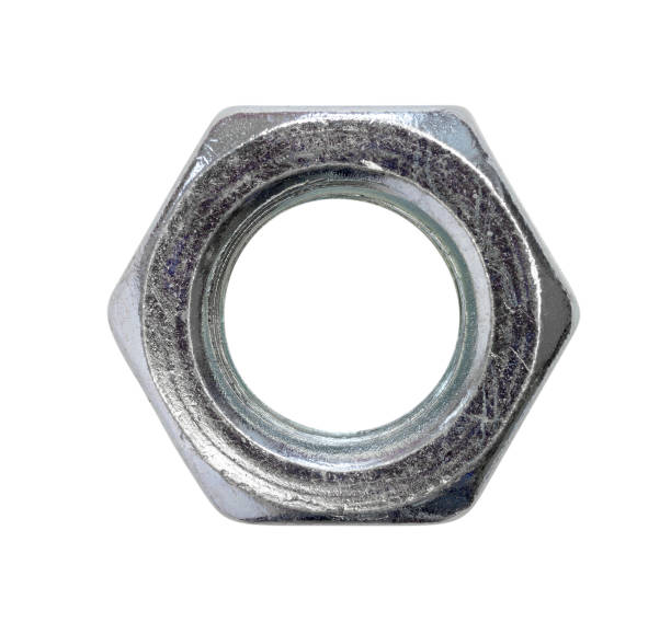istock steel nut isolated on white background, top view closeup 857711720