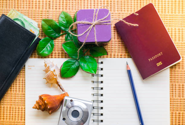 istock Notepad with passport , camera and smartphone on wood board background.using wallpaper for education, business photo.Take note of the product for book with paper and concept, object or copy space. 857711862
