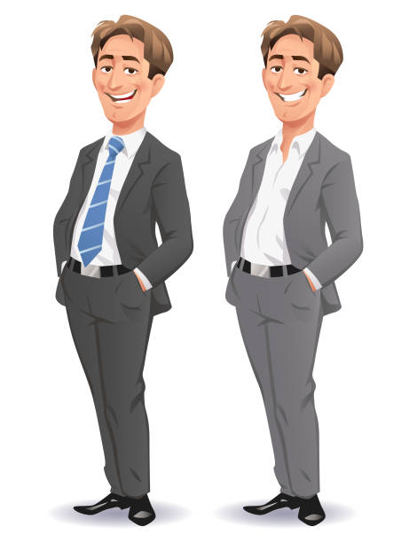 Young Smiling Businessman Vector illustration of a young, relaxed businessman wearing a gray suit and a blue tie, standing with his hands in his pockets, smiling at the camera. well dressed man standing stock illustrations