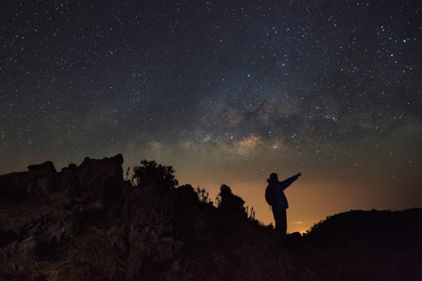 istock A Man is standing next to the milky way galaxy pointing on a bright star at Doi Luang Chiang Dao with Thai Language top point signs. Long exposure photograph.With grain 857720252