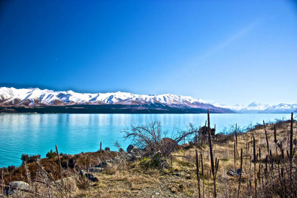 istock Reservoir with turquoise water with snow-covered mountain range in the background 857723820