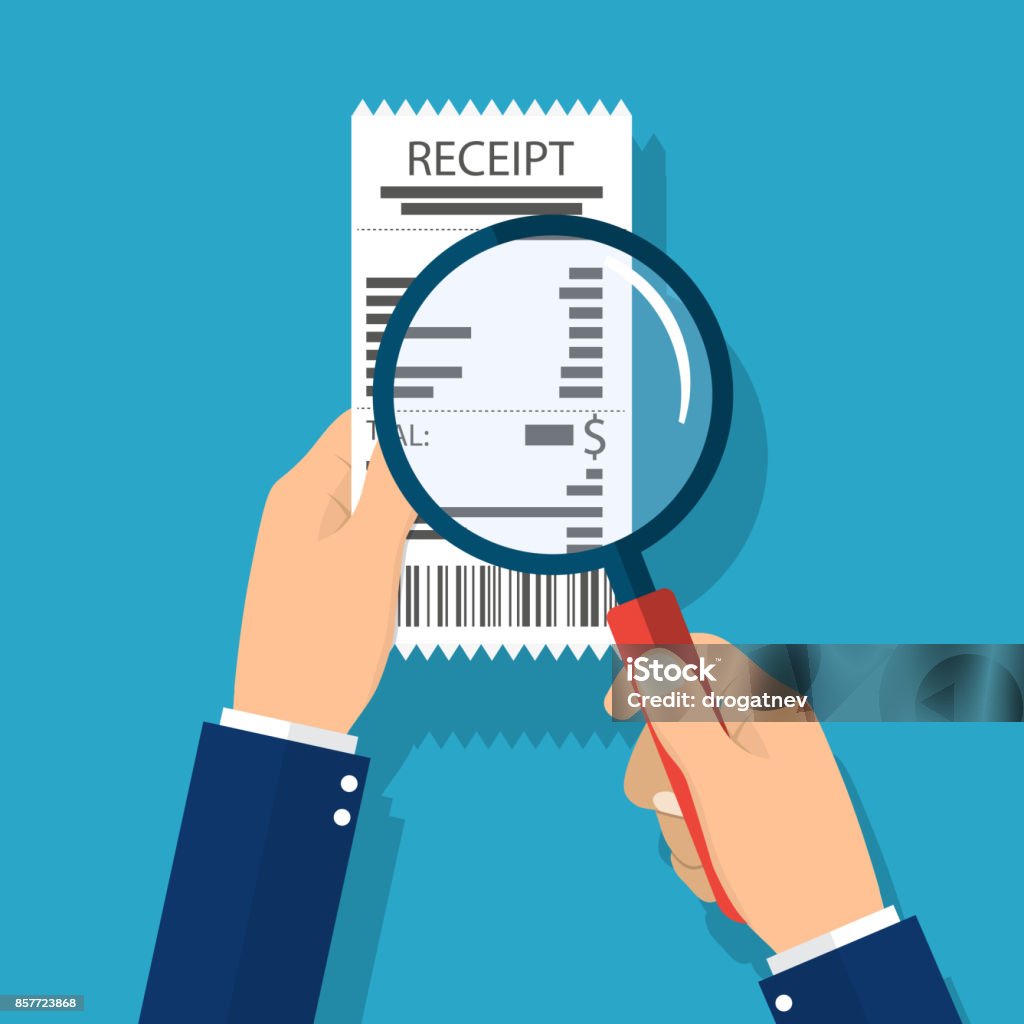 Man holding receipt. Man holding receipt. Studying paying bill, magnifying glass. Payment of utility, bank, restaurant. Concept business finance. vector illustration in flat style. Expense stock vector