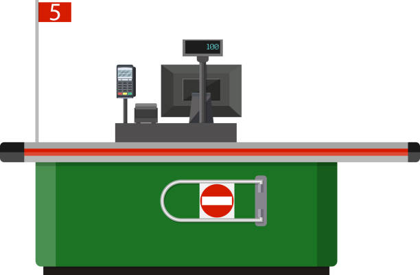 illustrations, cliparts, dessins animés et icônes de caisse avec ordinateur terminal en supermarché - caisse