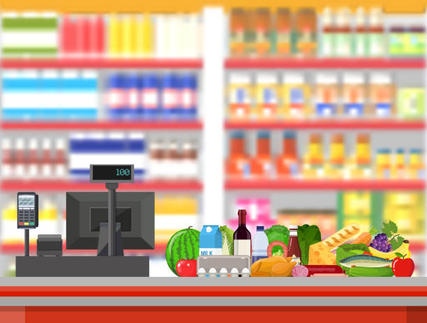 ilustrações, clipart, desenhos animados e ícones de interior do supermercado. caixa contador no local de trabalho. - supermarket meat store manager
