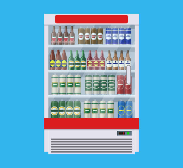 Showcases refrigerators for cooling drinks Showcases refrigerators for cooling drinks in bottles and cans. Different colored bottles and cans with beer in fridges. Cooling machine for shop. Vector illustration in flat style buying liquor stock illustrations
