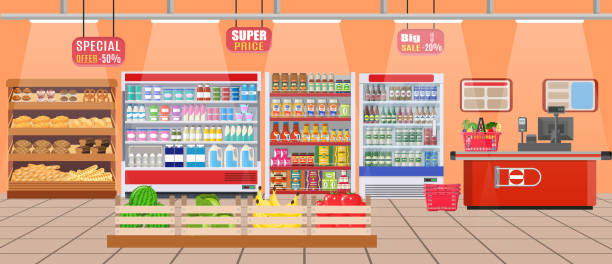 Supermarket Store Interior With Goods Stock Illustration - Download Image  Now - Supermarket, Cartoon, Checkout - iStock