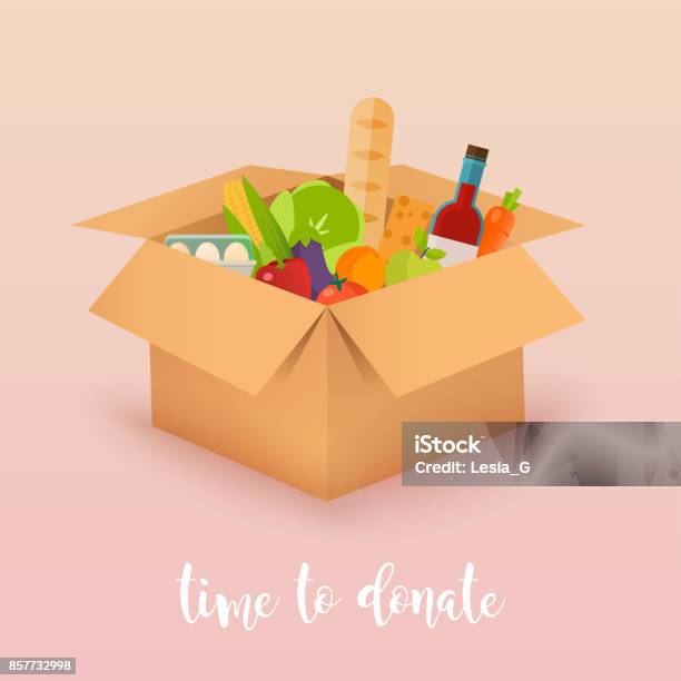 Time To Donate Food Donation Boxes Full Of Food Vector Concept Illustrations Stock Illustration - Download Image Now