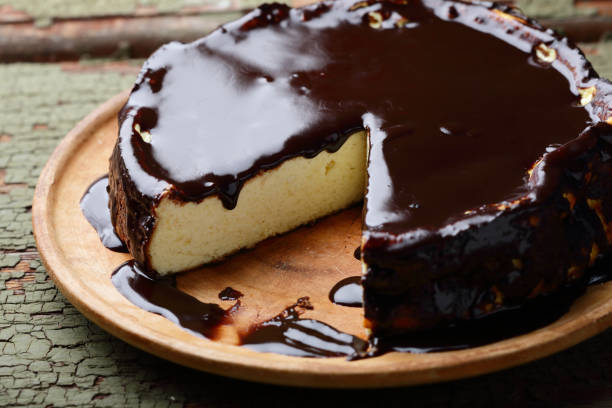 istock homemade cheesecake with chocolate icing, food closeup 857733534