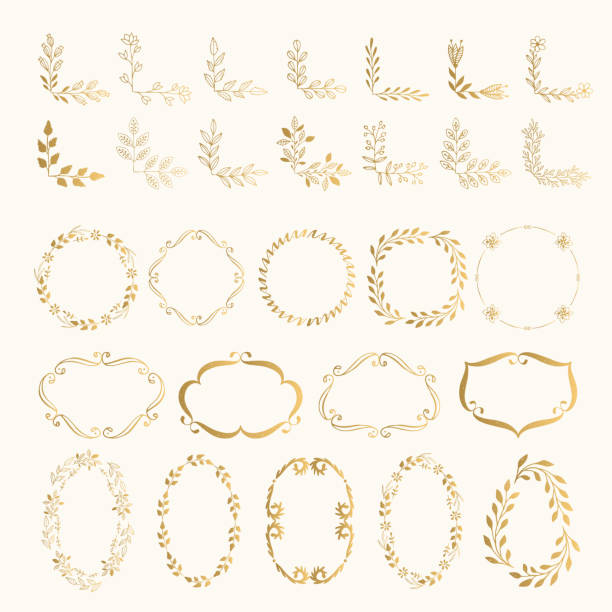 ilustrações, clipart, desenhos animados e ícones de conjunto de cantos dourado mão desenhada e quadros. vector. isolado. - ellipse frame ornate scroll shape