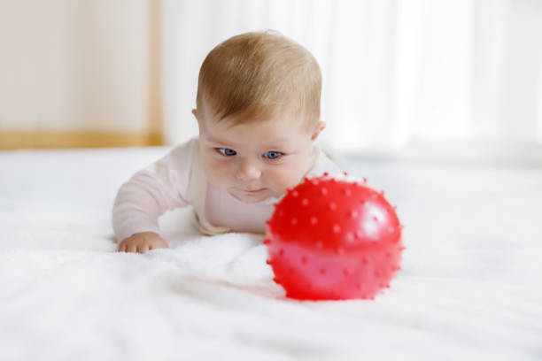 Asian baby cute in the living room at home playing ball toy with family.