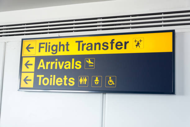 istock A black and yellow flight transfer, arrivals and toilets sign 857742396