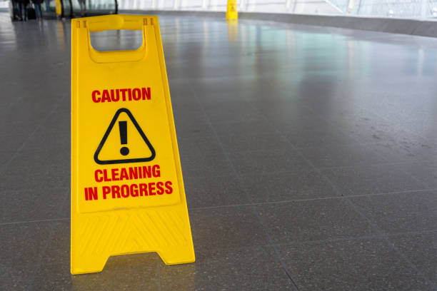 istock A yellow cleaning in process sign on the floor 857742468