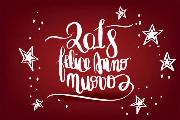 Felice anno nuovo 2018, "Happy New Year" in italian - postcard with handwritten lettering on a dark red background