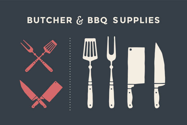 Butcher and BBQ supplies Meat cutting knives and forks set. Butcher and BBQ supplies. Poster meat knife, cleaver, chef and grill fork. Set of butcher meat knives for butcher shop and design butcher themes. Vector Illustration religious icon stock illustrations