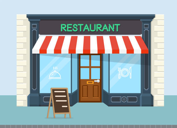 illustrations, cliparts, dessins animés et icônes de façade de design plat de restaurant vector - restaurant
