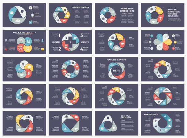 ilustrações, clipart, desenhos animados e ícones de infográfico de setas círculo de vetor, diagrama, gráfico, gráfico de apresentação do ciclo. conceito de negócio com 3, 4, 5, 6, 7, 8 opções de peças, etapas de processos. pacote de modelos de slide escuro de 16 x 9 - quinta de saúde