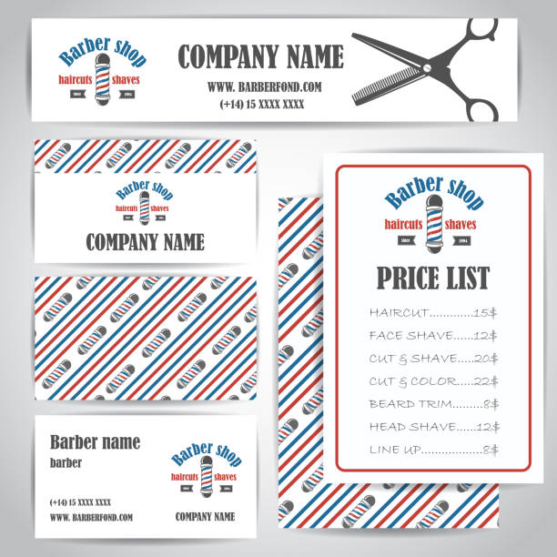 Barber1 Hair salon barber shop vintage business cards and prices design template set. Vector illustration price list stock illustrations