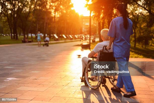 Una Enfermera Y Un Anciano Que Se Sienta En Una Silla De Ruedas Paseando En El Parque Al Atardecer Foto de stock y más banco de imágenes de Paciente