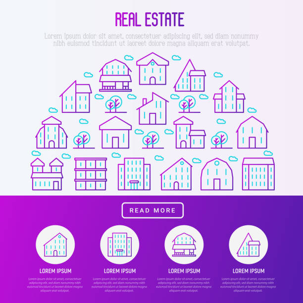 koncepcja nieruchomości w półkole z cienkimi domami i drzewami. nowoczesna ilustracja wektorowa dla tła banera, strony internetowej, nośników drukowanych z miejscem dla tekstu. - half way line stock illustrations