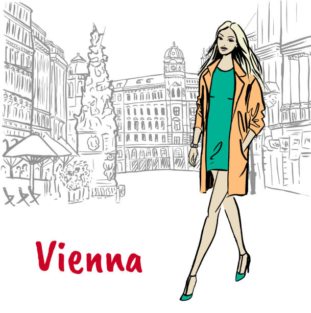 Woman in Vienna Woman in Vienna, Austria. Hand-drawn illustration. Fashion sketch graben vienna stock illustrations