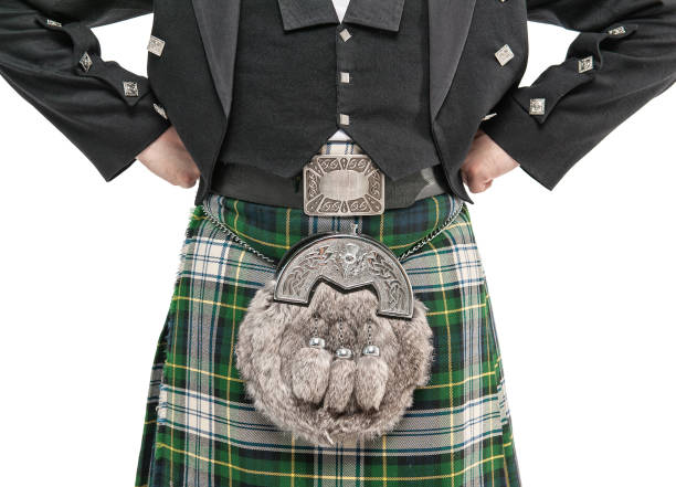 man torso in traditional scottish costume - plaid tartan scottish culture celtic culture imagens e fotografias de stock