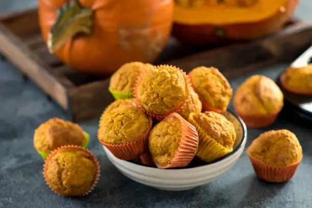Healthy pumpkin muffins, vegan baked food, autumn dessert