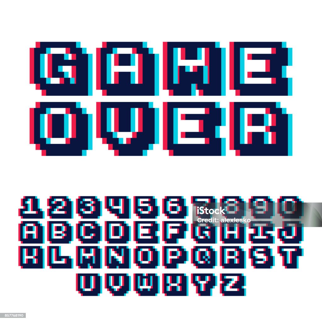 3d pixel video game 8 bit font. Poster typeface with shadow 3d effect. 3d pixel video game 8 bit font. Poster typeface with shadow 3d effect. Set of retro style latin capital letters and numbers. Vector illustration font. Typescript stock vector