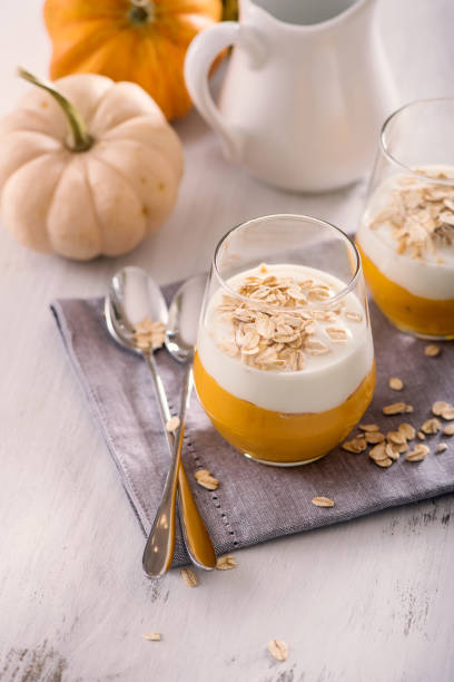 istock Overnight oats with pumpkin smoothie, healthy cereal breakfast 857769134