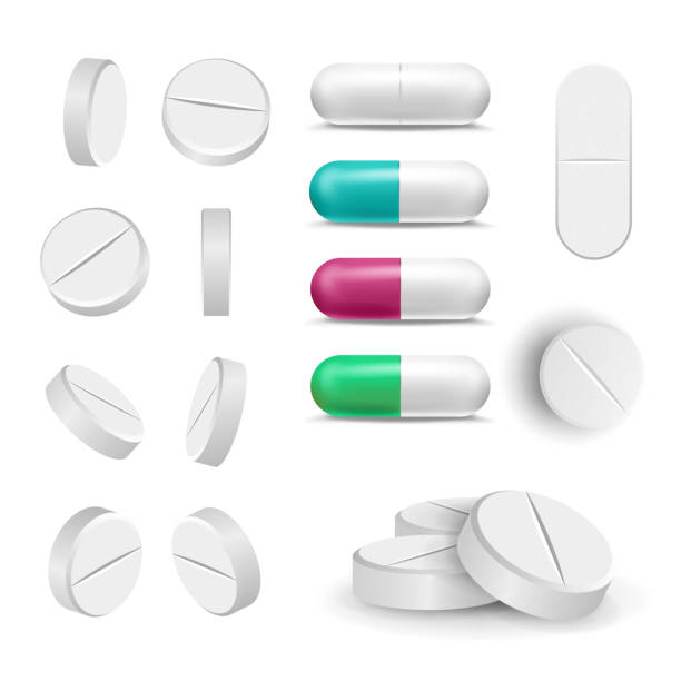 ilustraciones, imágenes clip art, dibujos animados e iconos de stock de medicamentos y pastillas realista establecen vector. analgésico, antibióticos farmacéuticos. aislados ilustración - pills