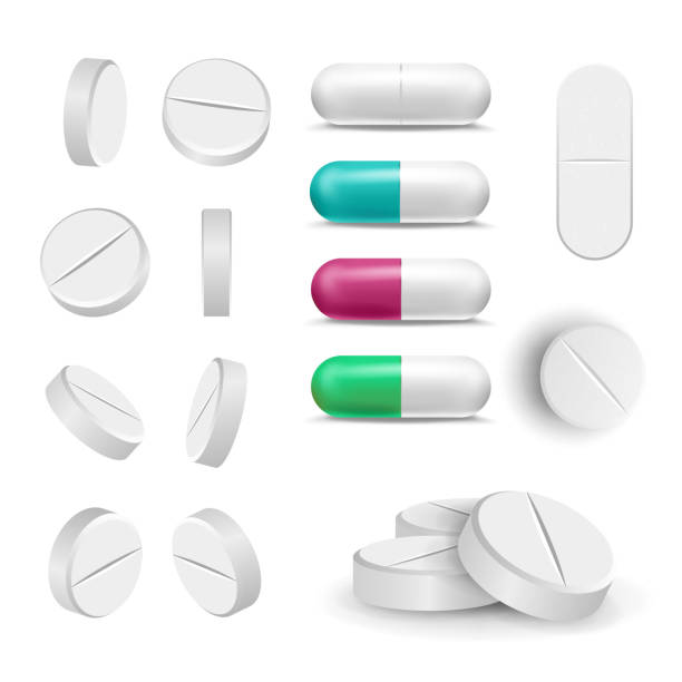 ilustrações de stock, clip art, desenhos animados e ícones de realistic pills and drugs set vector. painkiller, pharmaceutical antibiotics. isolated illustration - antibiotic red medicine healthcare and medicine