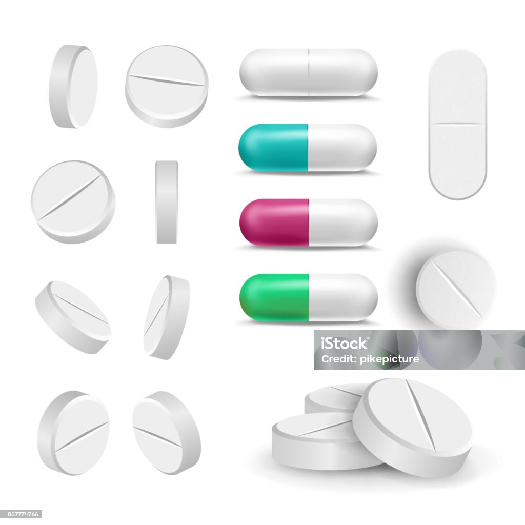 Realistic Pills And Drugs Set Vector. Painkiller, Pharmaceutical Antibiotics. Isolated Illustration Capsule Pills And Drugs Set Vector. Pharmaceutical Drugs And Vitamin. Isolated On White Illustration Pill stock vector