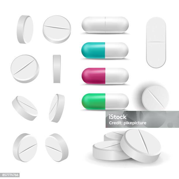 Realistic Pills And Drugs Set Vector Painkiller Pharmaceutical Antibiotics Isolated Illustration Stock Illustration - Download Image Now