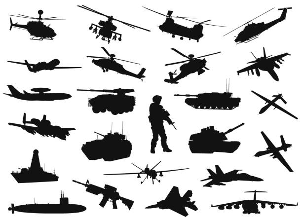 ilustraciones, imágenes clip art, dibujos animados e iconos de stock de siluetas militares - helicóptero