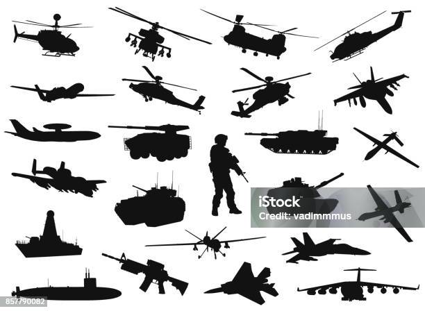 Military Silhouettes Stock Illustration - Download Image Now - Military, Armored Tank, Helicopter